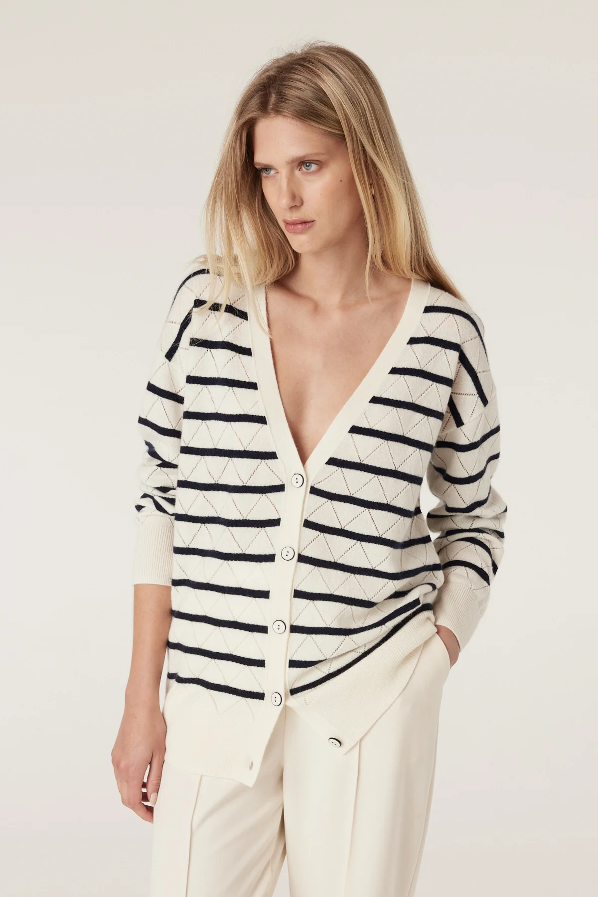 Cashwool Cardigan - Navy Stripe - Image 4
