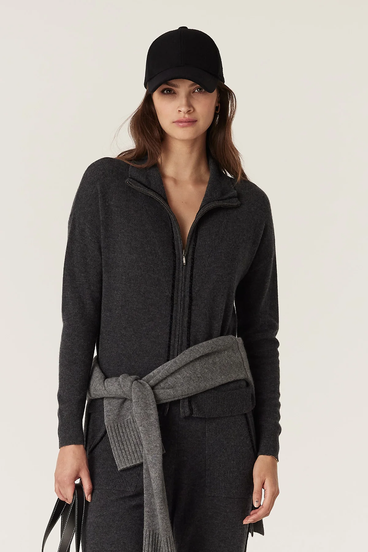 Cashmere Wool Track Zip Jumper  - Charcoal