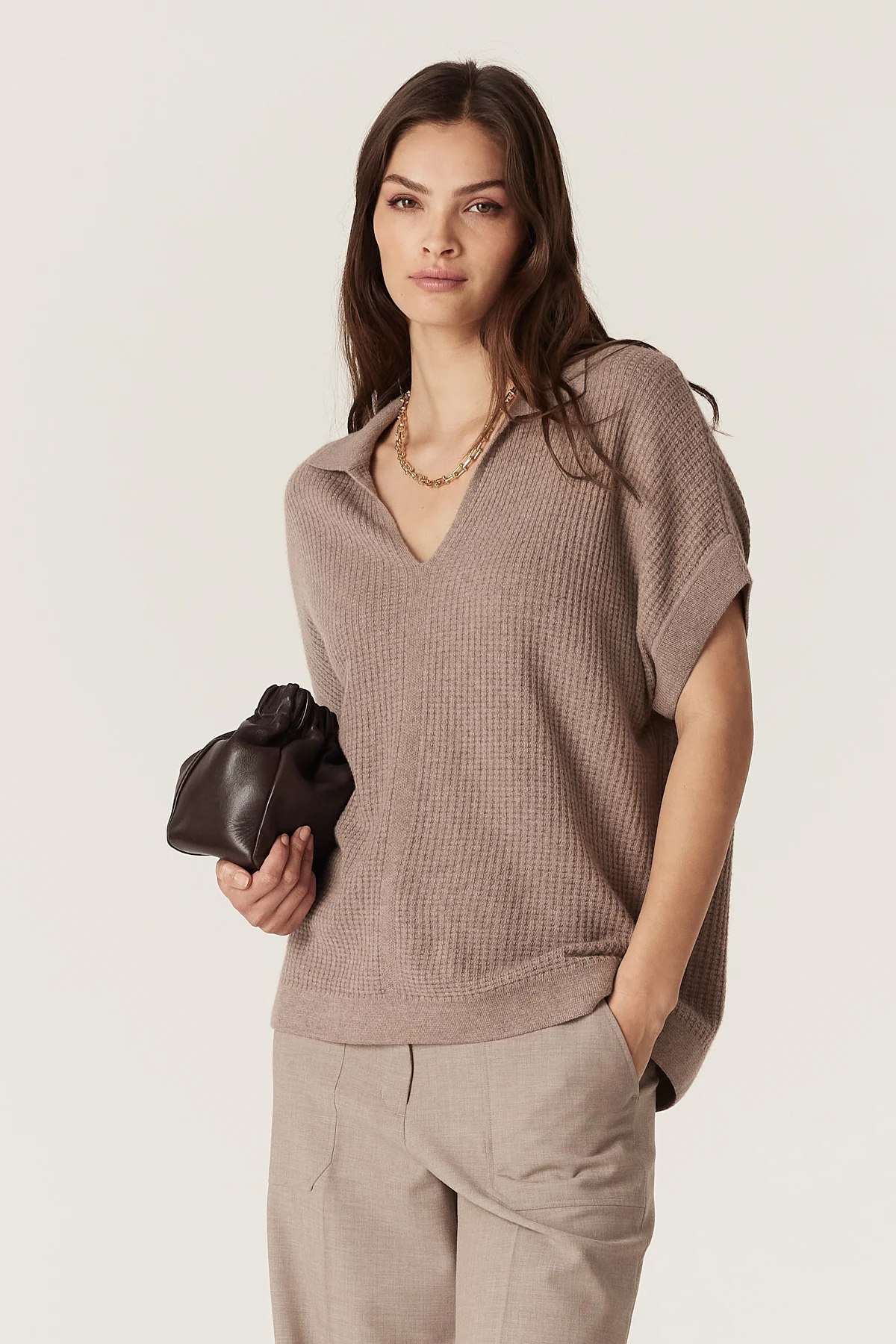 Cashmere Wool Waffle Knit Top - Mocha