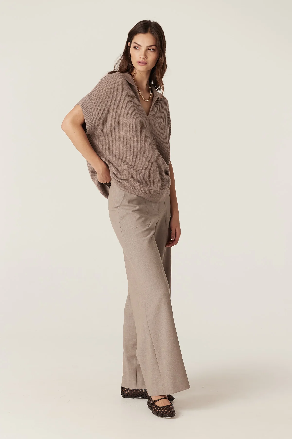 Cashmere Wool Waffle Knit Top - Mocha - Image 4