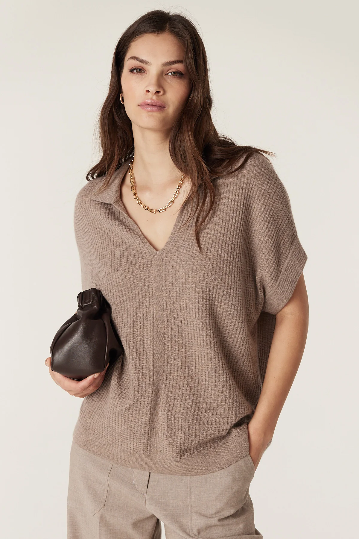 Cashmere Wool Waffle Knit Top - Mocha - Image 6