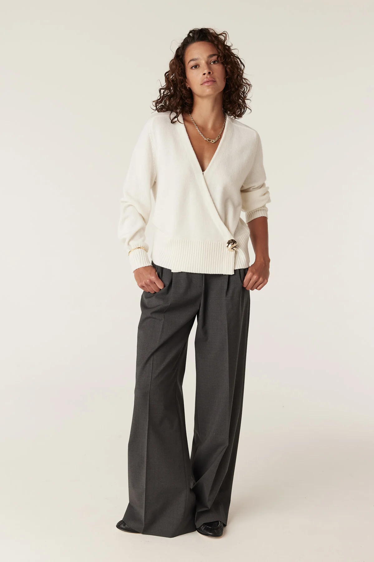 Cashmere Wool Wrap Knit Jumper - Milk