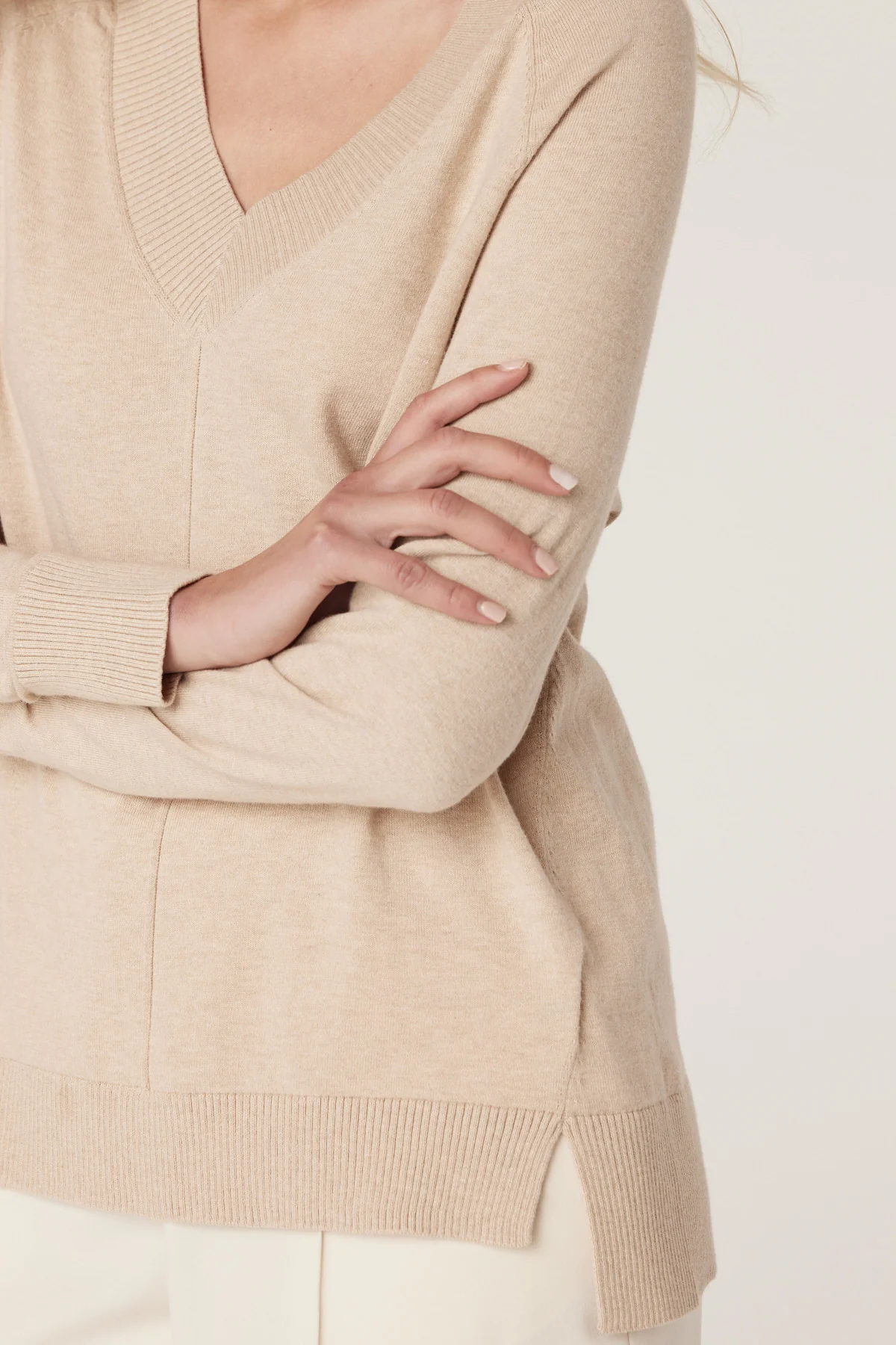 Cotton Cashmere V Neck Jumper - Sand - Image 3