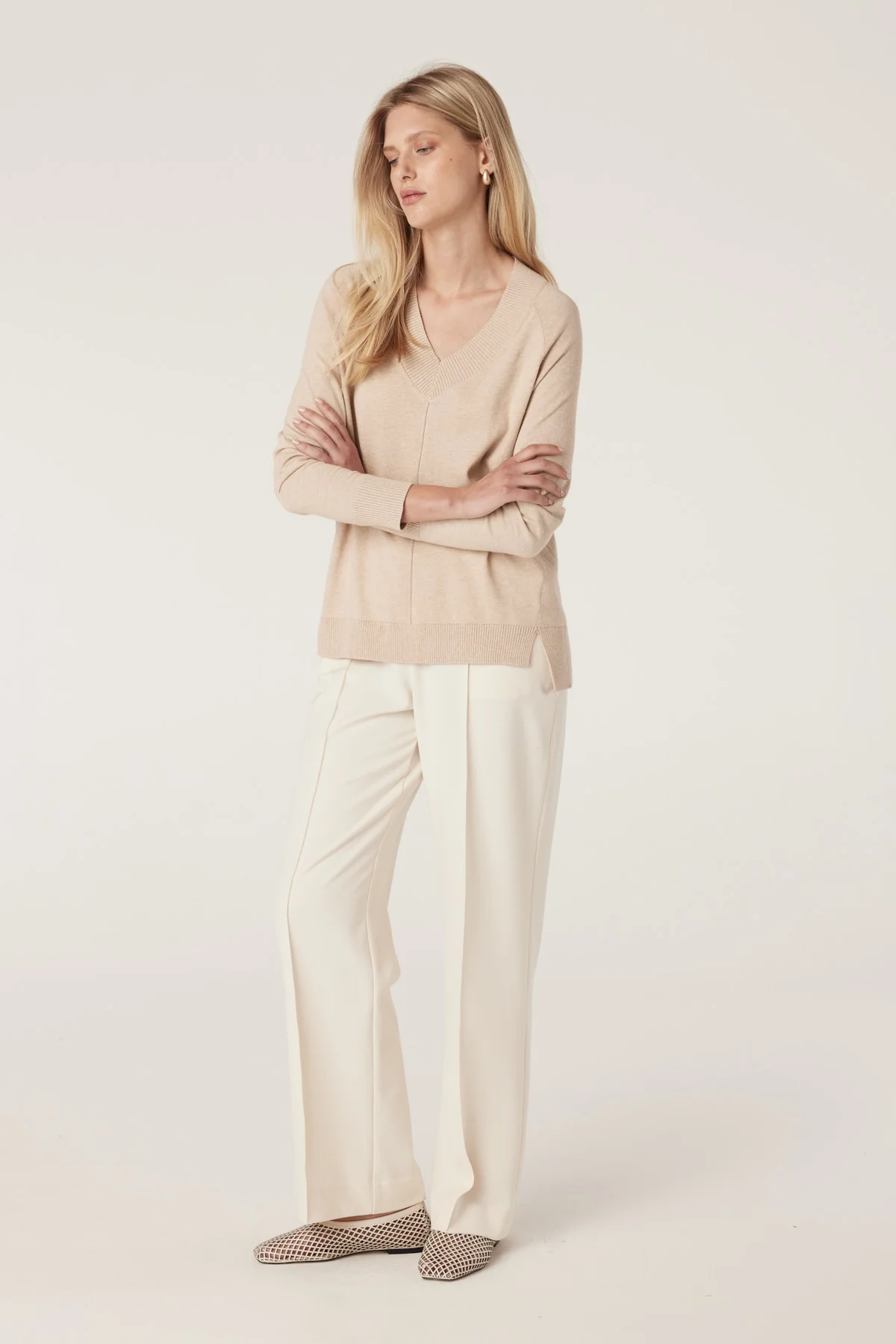 Cotton Cashmere V Neck Jumper - Sand - Image 4