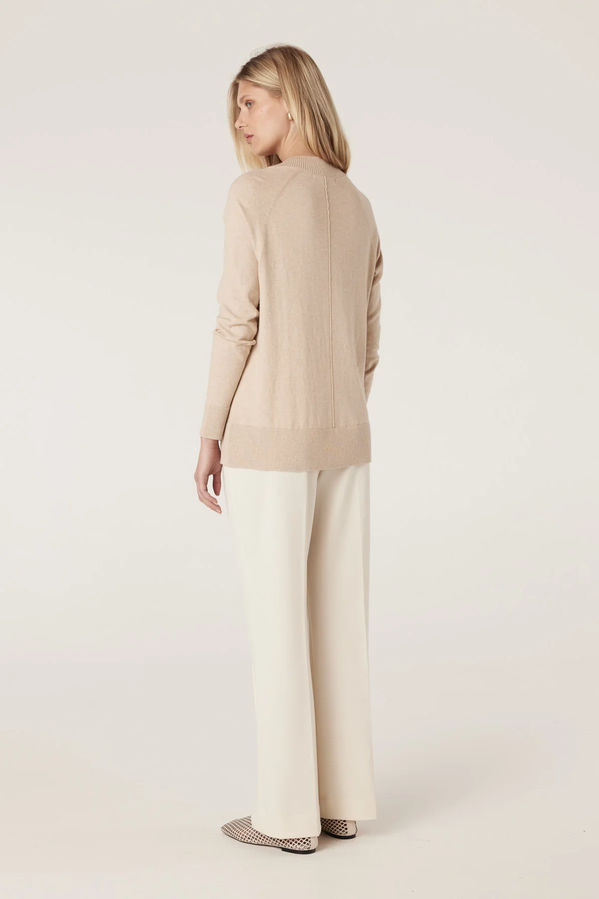 Cotton Cashmere V Neck Jumper - Sand - Image 5