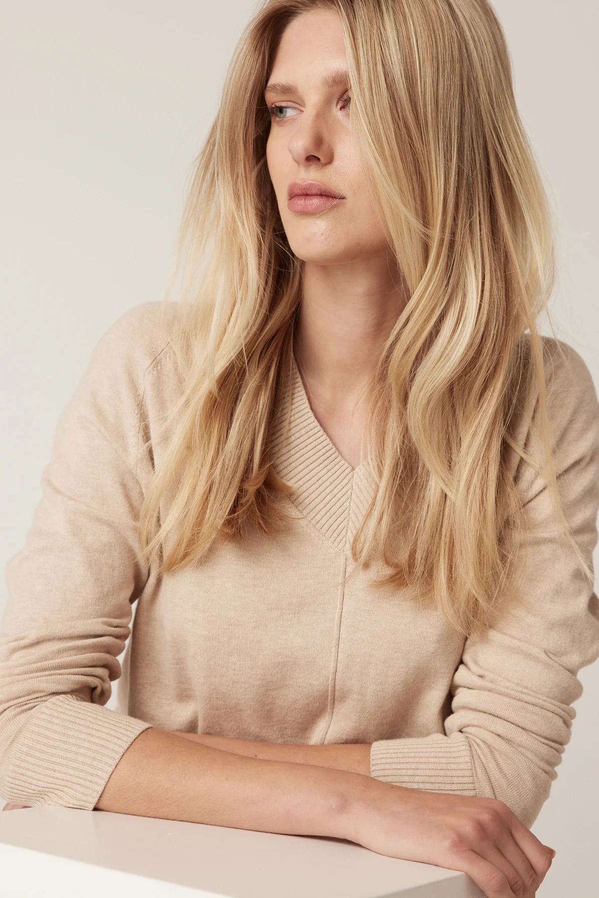 Cotton Cashmere V Neck Jumper - Sand - Image 6