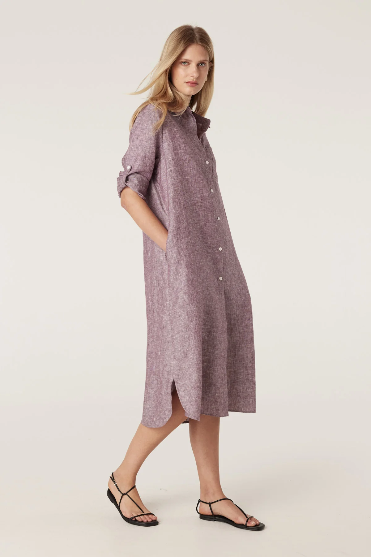 Pure Linen Shirt Dress - Berry - Image 4