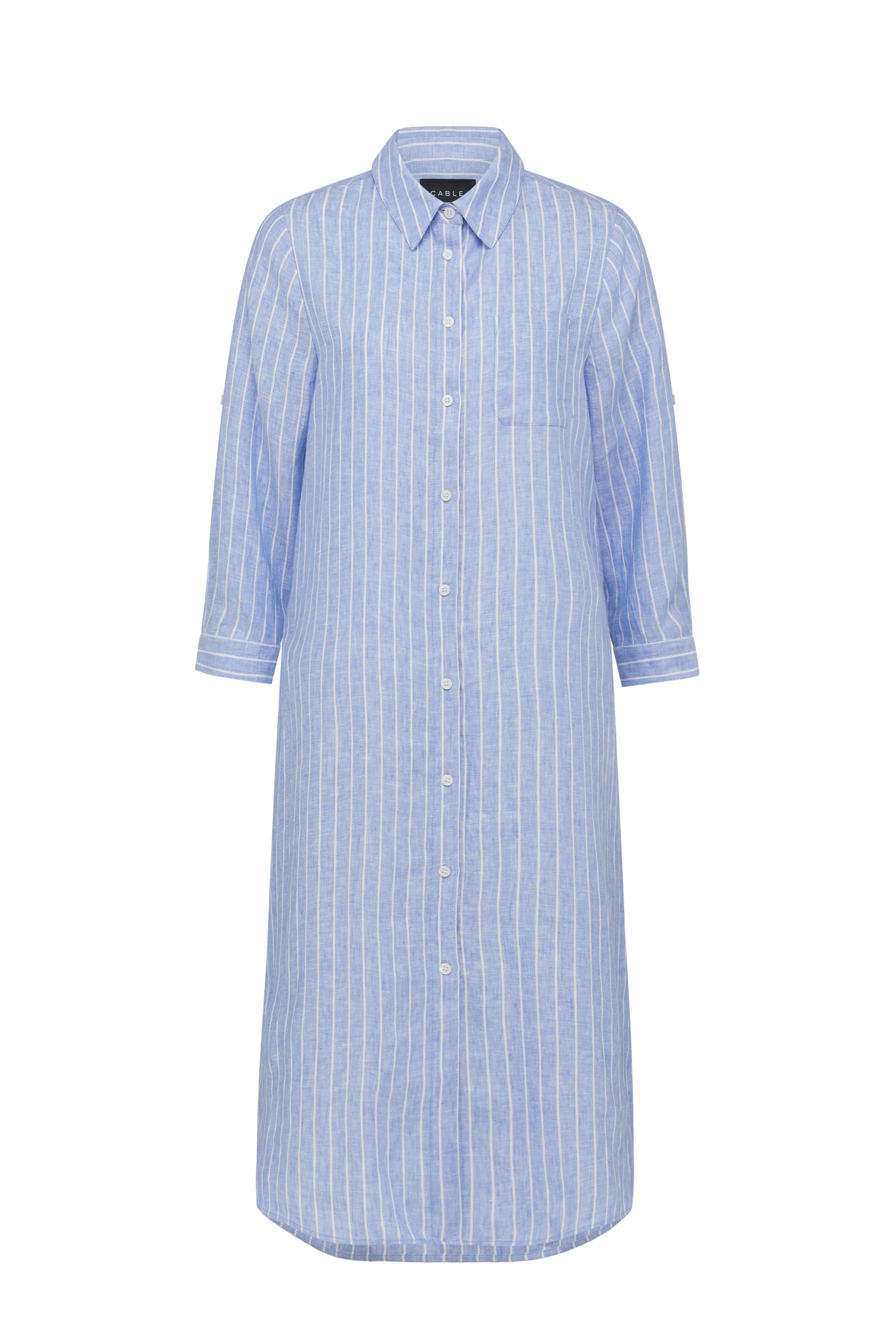 Pure Linen Shirt Dress - Blue Pinstripe - Image 2