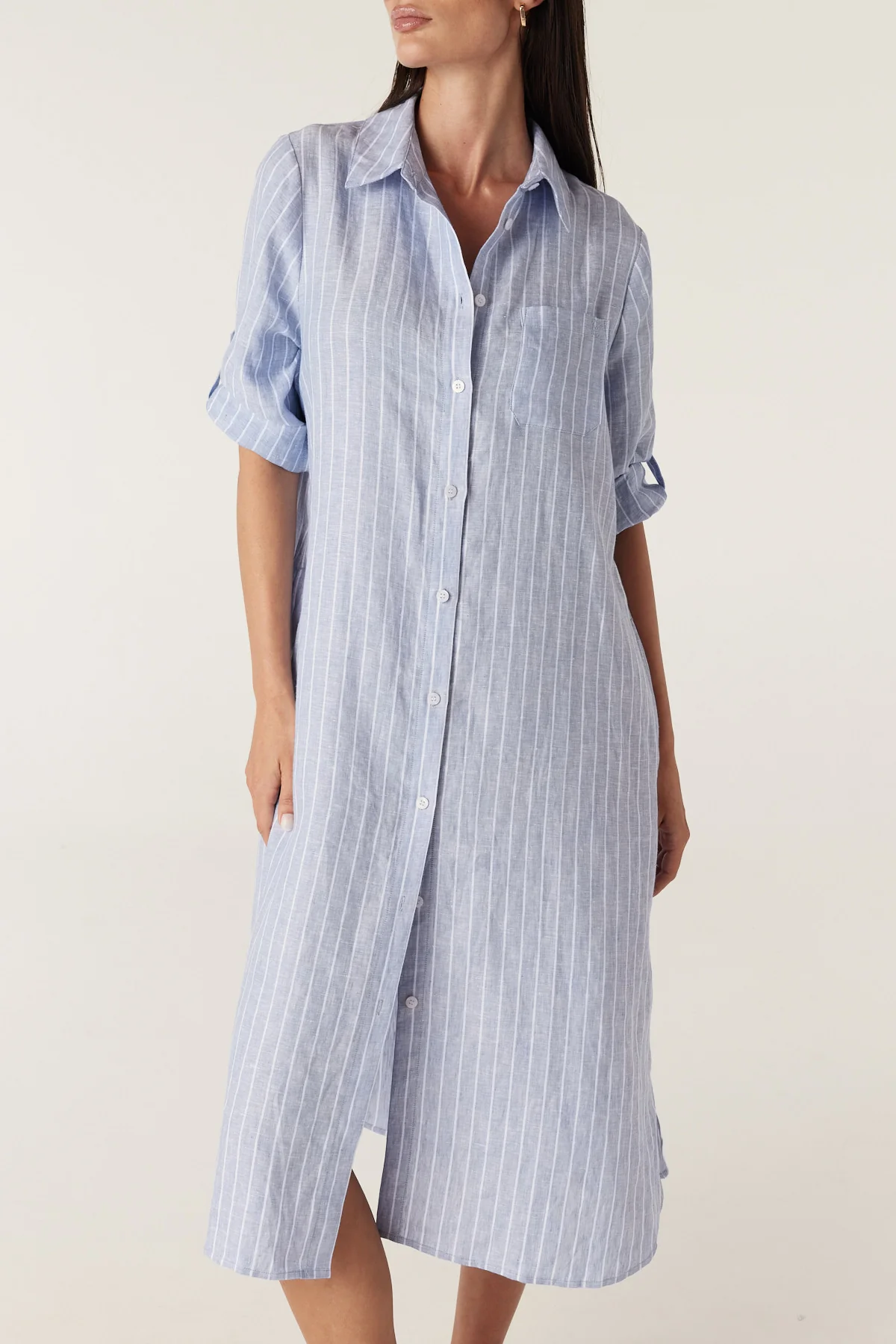 Pure Linen Shirt Dress - Blue Pinstripe - Image 3