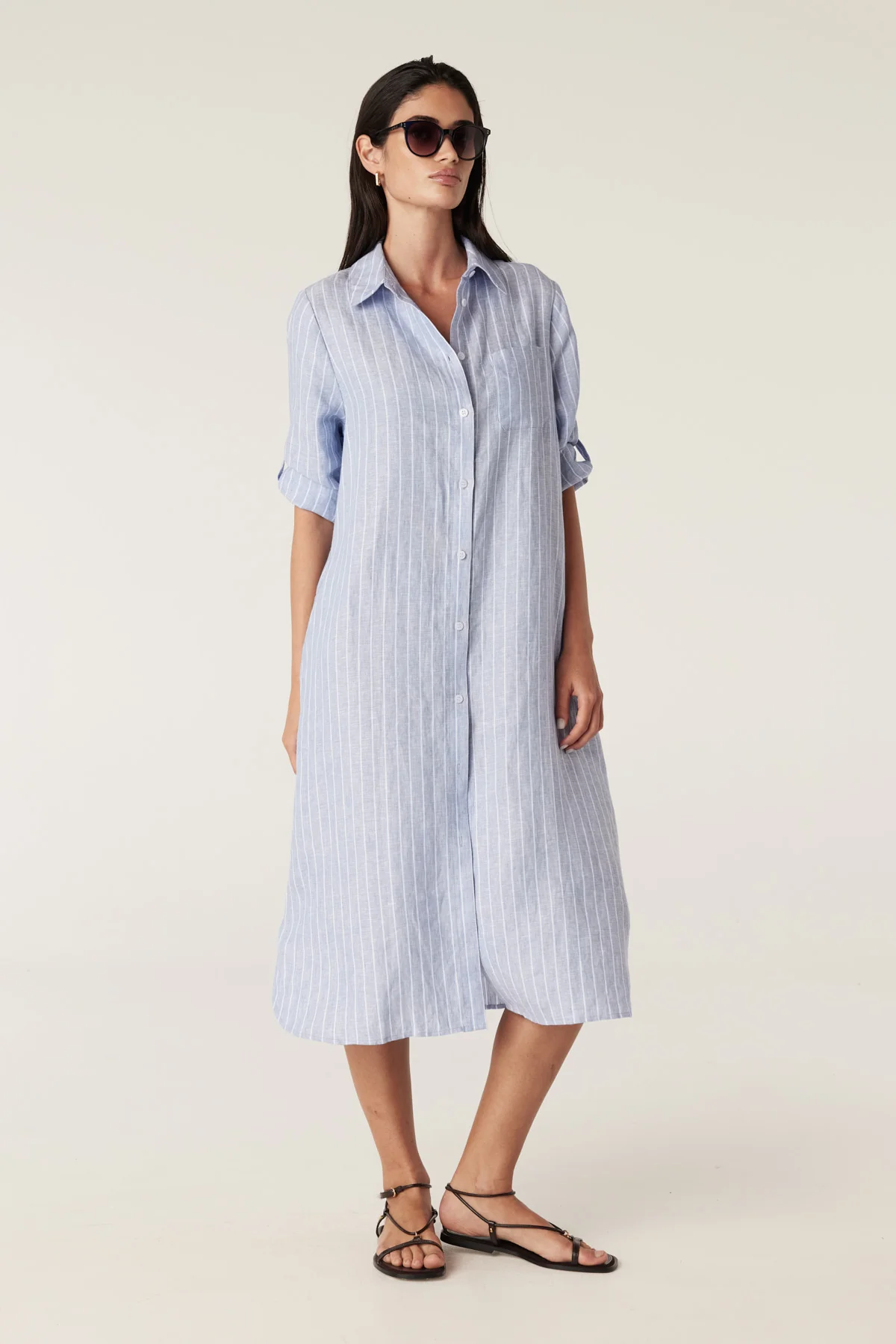 Pure Linen Shirt Dress - Blue Pinstripe - Image 4