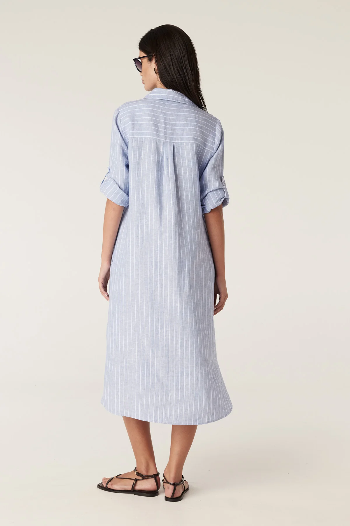 Pure Linen Shirt Dress - Blue Pinstripe - Image 5