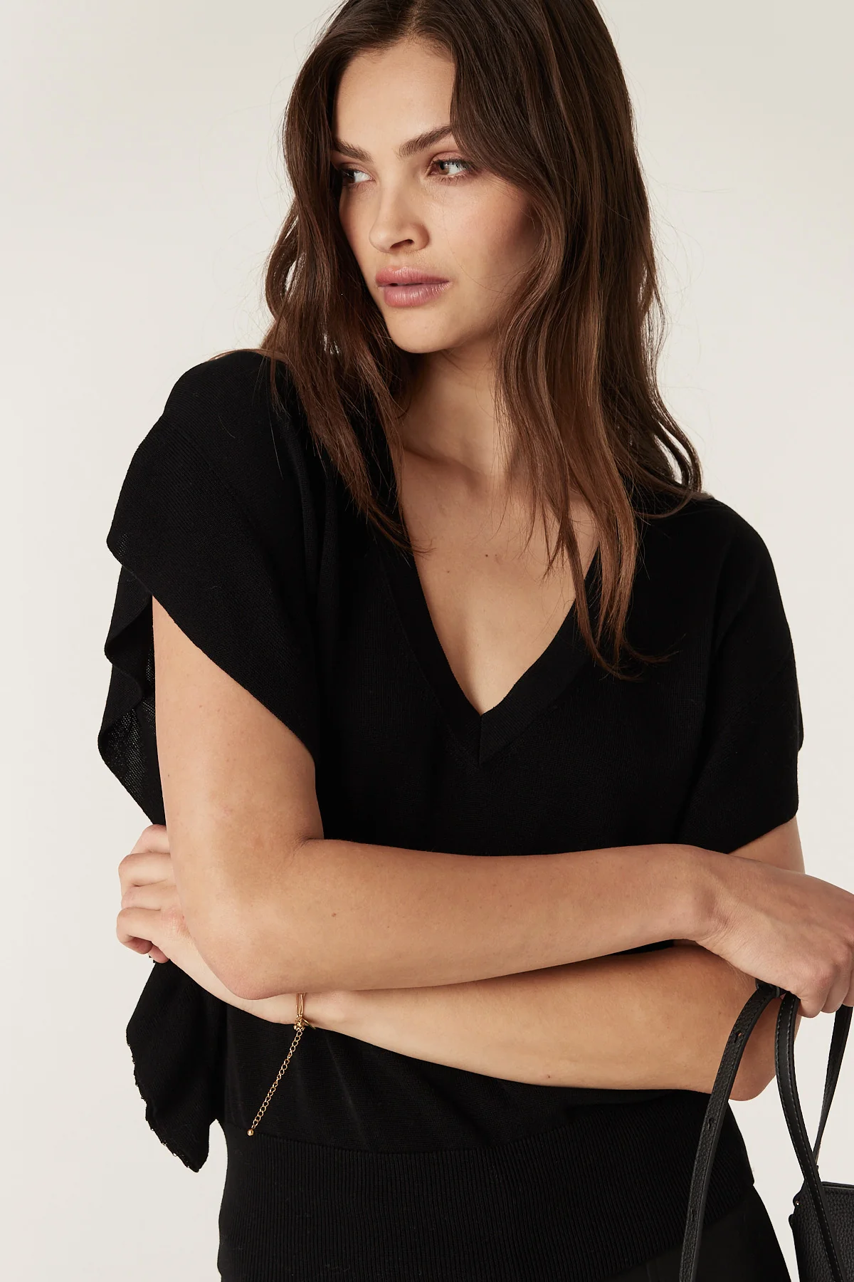 Silk Tencel Frill Knit Top - Black - Image 3
