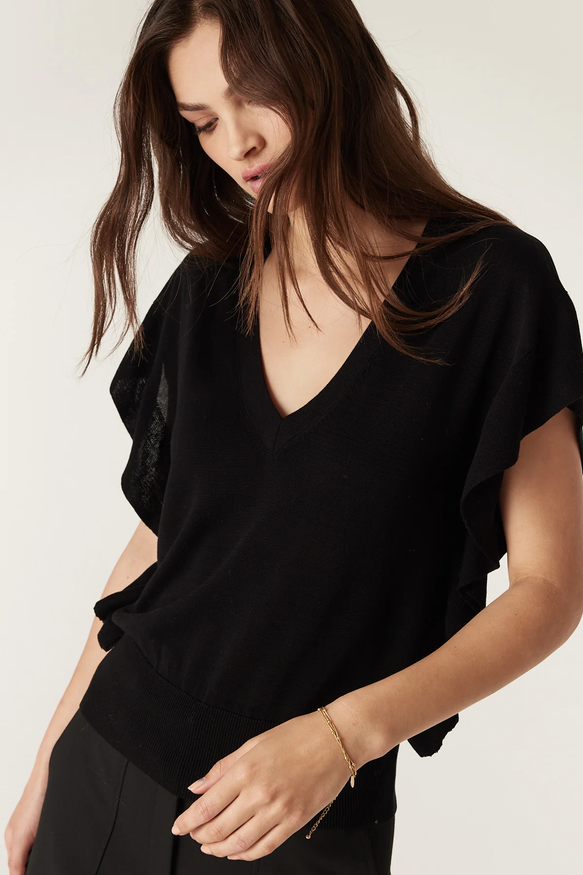 Silk Tencel Frill Knit Top - Black - Image 5