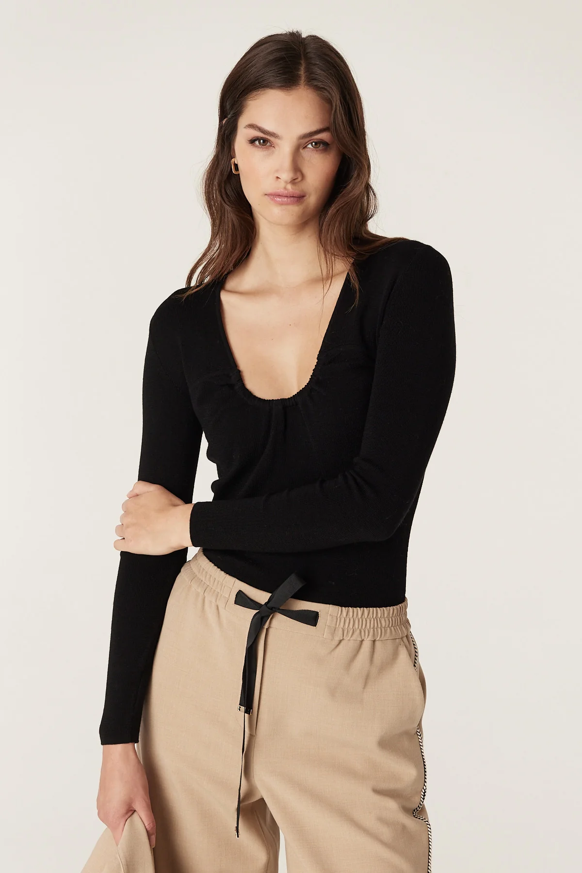 Superfine Merino Wool Gather Knit Top - Black - Image 3