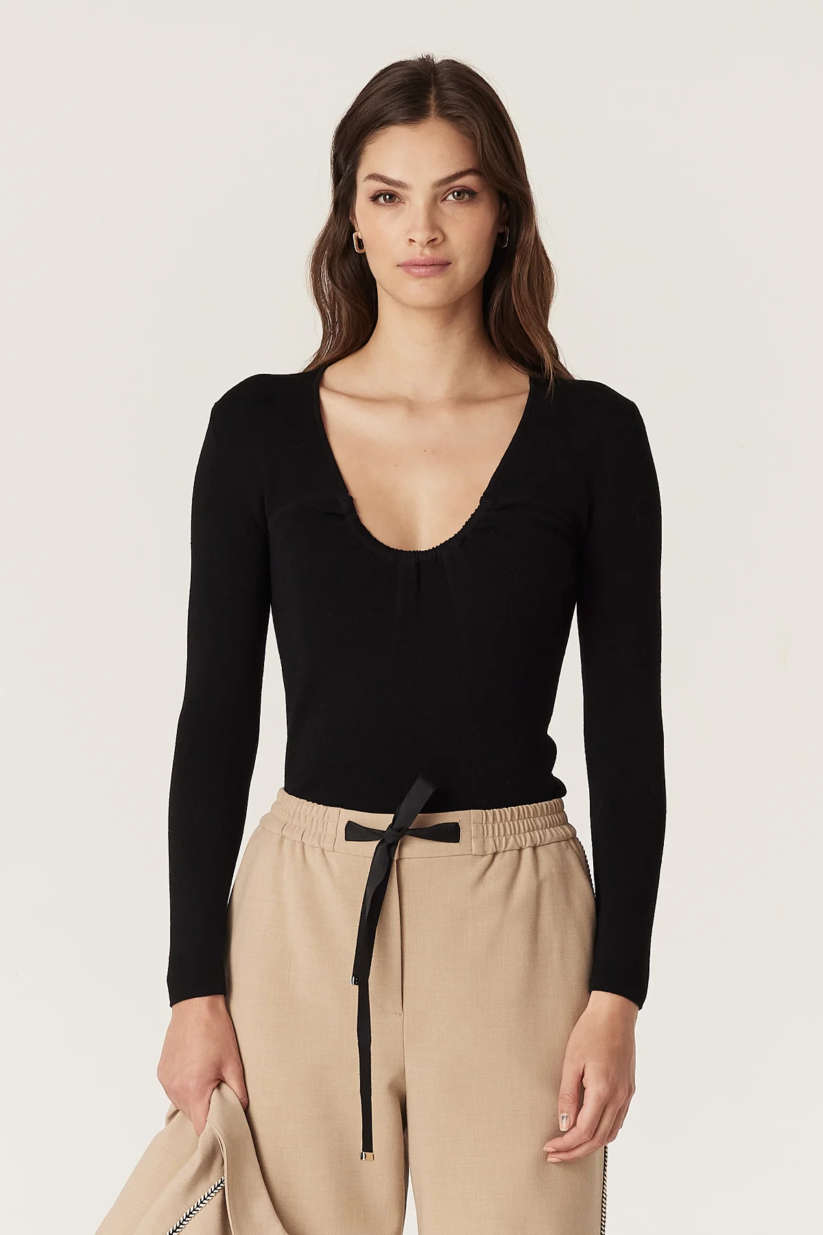 Superfine Merino Wool Gather Knit Top - Black - Image 5